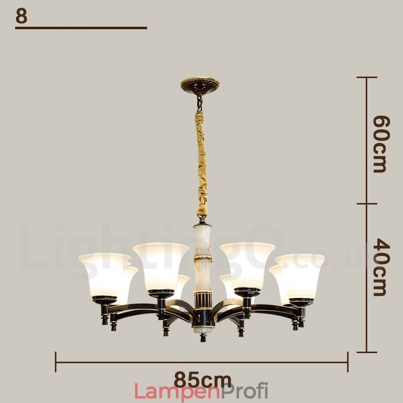 Luxuriöser rustikaler Retro-Kerzenleuchter aus reinem Messing im Vintage-Stil mit Steinanhänger und Glasschirmen