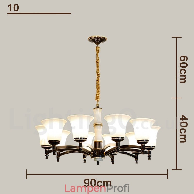 Luxuriöser rustikaler Retro-Kerzenleuchter aus reinem Messing im Vintage-Stil mit Steinanhänger und Glasschirmen