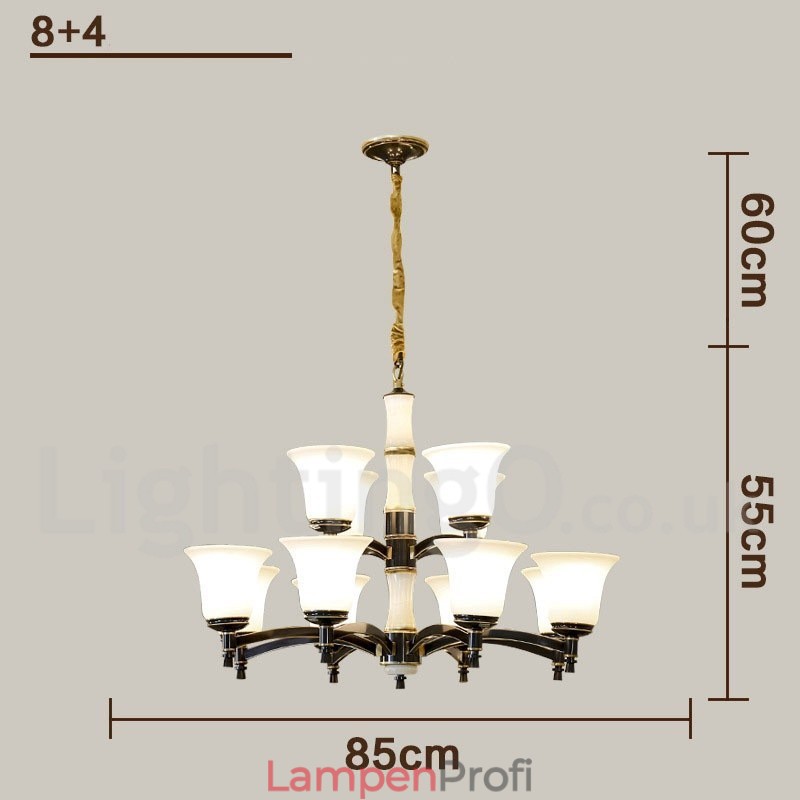 Luxuriöser rustikaler Retro-Kerzenleuchter aus reinem Messing im Vintage-Stil mit Steinanhänger und Glasschirmen