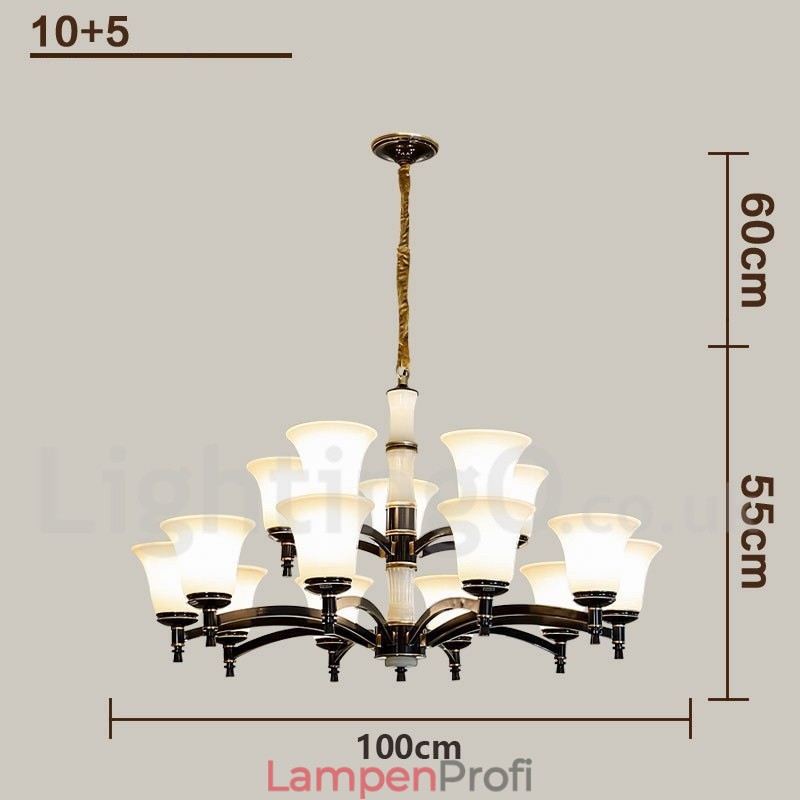 Luxuriöser rustikaler Retro-Kerzenleuchter aus reinem Messing im Vintage-Stil mit Steinanhänger und Glasschirmen