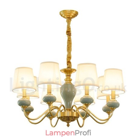 Luxuriöser rustikaler Retro-Vintage-Keramik-Pendelleuchter aus reinem Messing mit Stoffschirmen Luxuriöser rustikaler Retro-Vintage-Keramik-Pendelleuchter aus reinem Messing mit Stoffschirmen