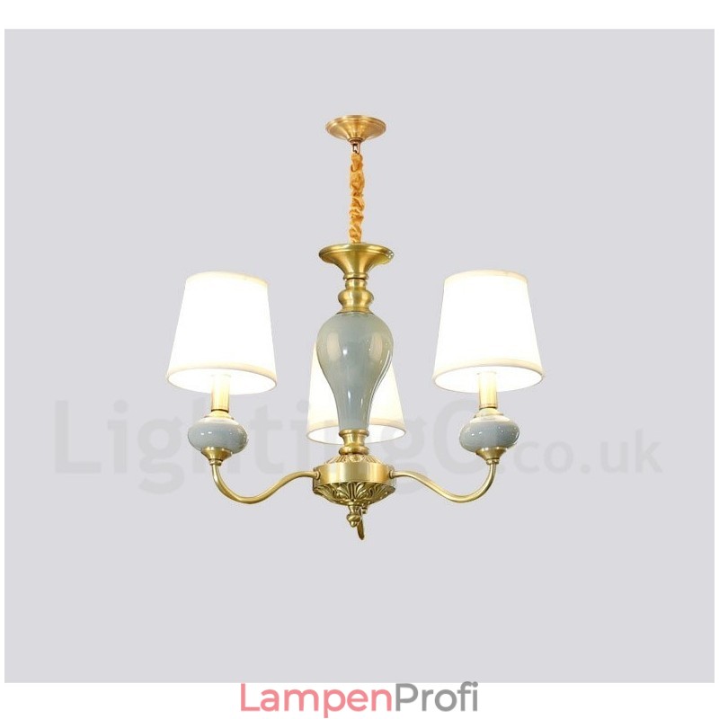 Luxuriöser rustikaler Retro-Vintage-Keramik-Pendelleuchter aus reinem Messing mit Stoffschirmen