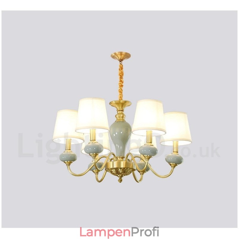 Luxuriöser rustikaler Retro-Vintage-Keramik-Pendelleuchter aus reinem Messing mit Stoffschirmen