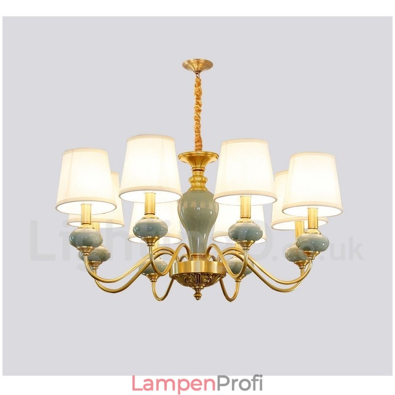 Luxuriöser rustikaler Retro-Vintage-Keramik-Pendelleuchter aus reinem Messing mit Stoffschirmen