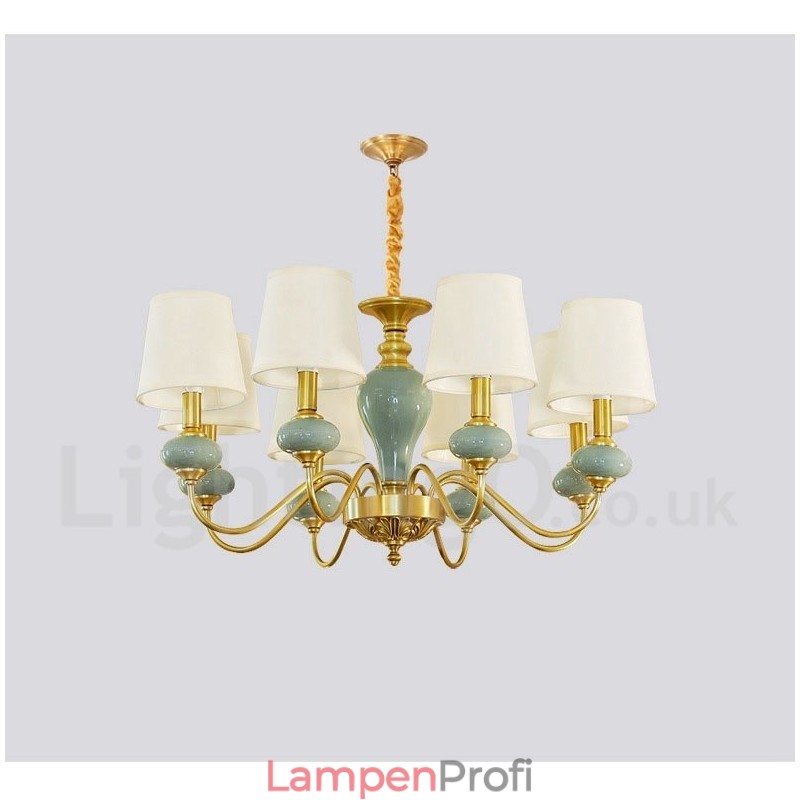Luxuriöser rustikaler Retro-Vintage-Keramik-Pendelleuchter aus reinem Messing mit Stoffschirmen