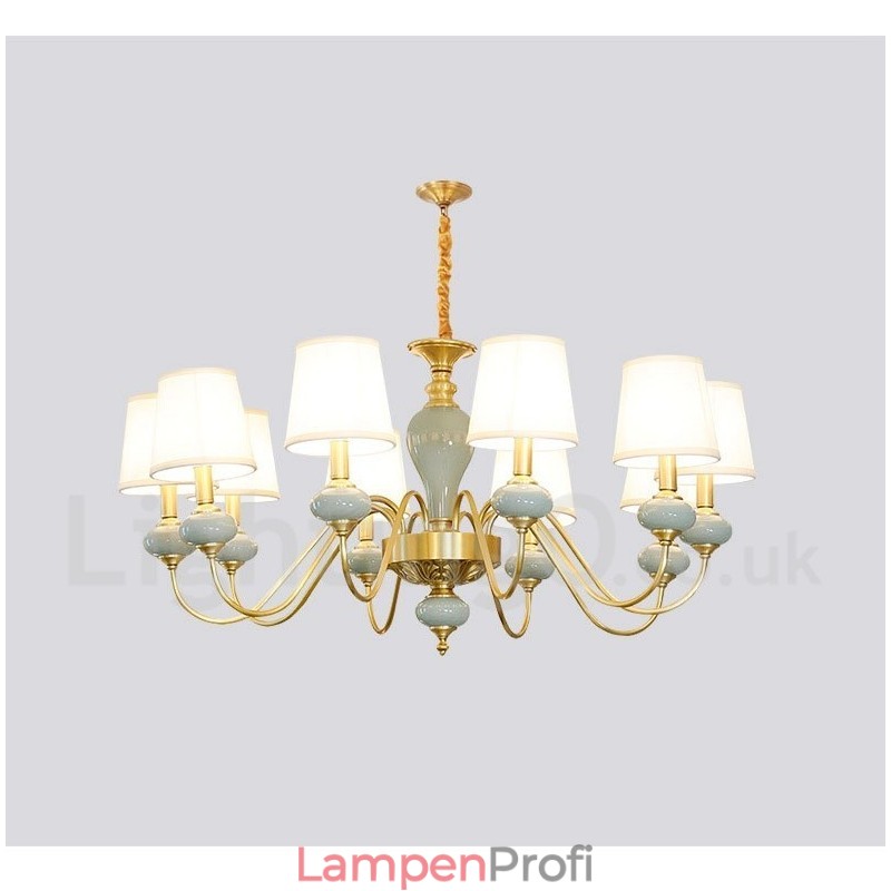 Luxuriöser rustikaler Retro-Vintage-Keramik-Pendelleuchter aus reinem Messing mit Stoffschirmen