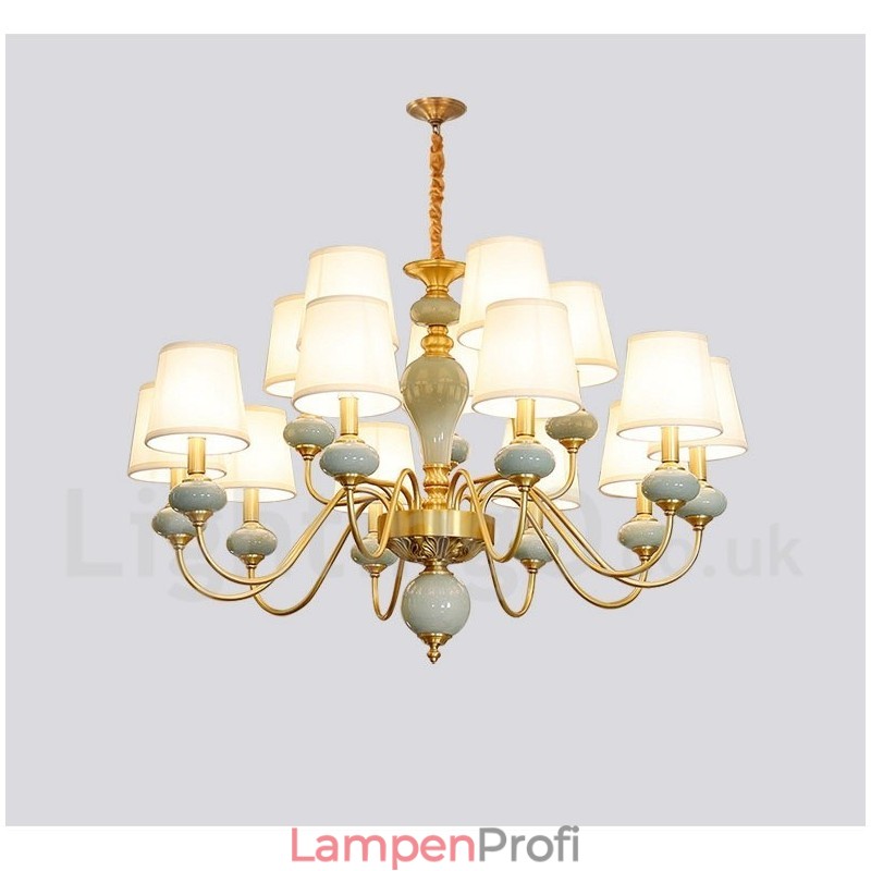 Luxuriöser rustikaler Retro-Vintage-Keramik-Pendelleuchter aus reinem Messing mit Stoffschirmen