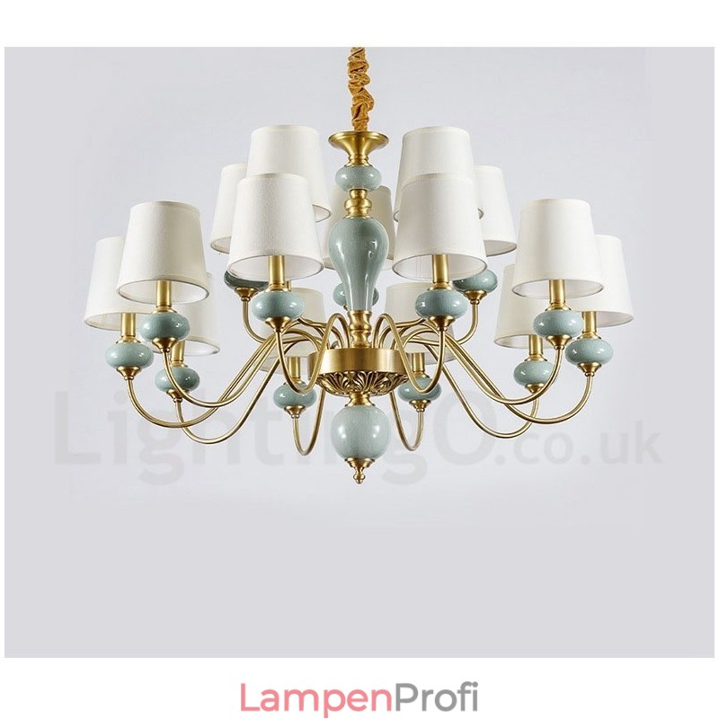 Luxuriöser rustikaler Retro-Vintage-Keramik-Pendelleuchter aus reinem Messing mit Stoffschirmen