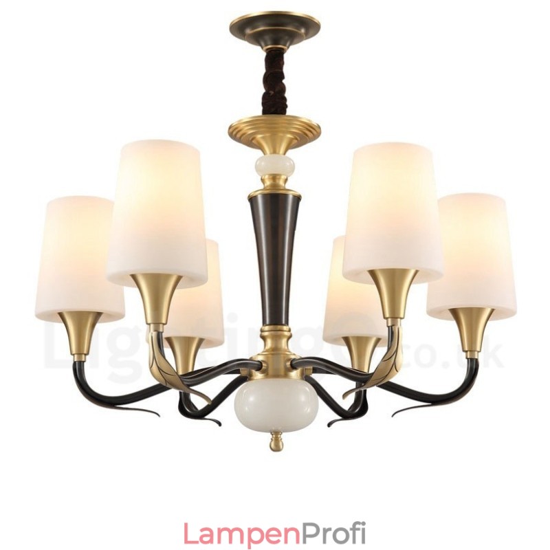 Luxuriöser rustikaler Retro-Kerzenleuchter aus reinem Messing im Vintage-Stil mit Steinanhänger und Glasschirmen