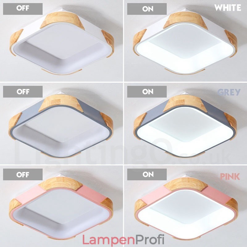 Dimmbare mehrfarbige quadratische Deckenleuchte aus Holz mit Acrylschirm, Deckenlampe im nordischen Stil