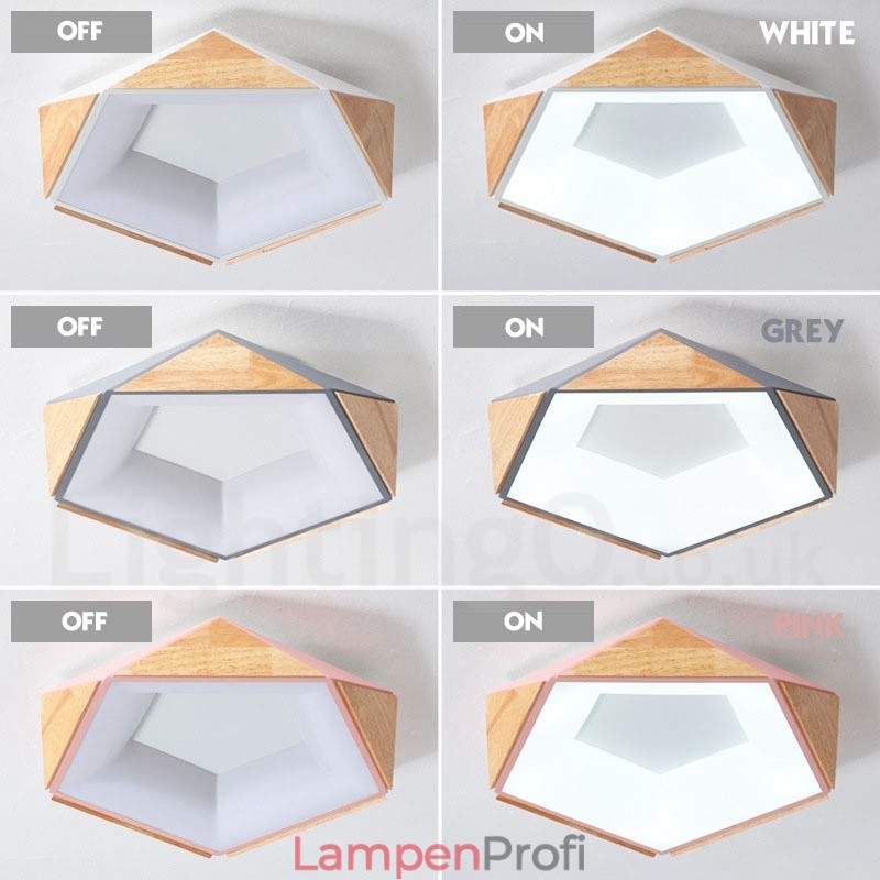 Dimmbare mehrfarbige Deckenleuchte aus fünfeckigem Holz mit Acrylschirm, Deckenlampe im nordischen Stil