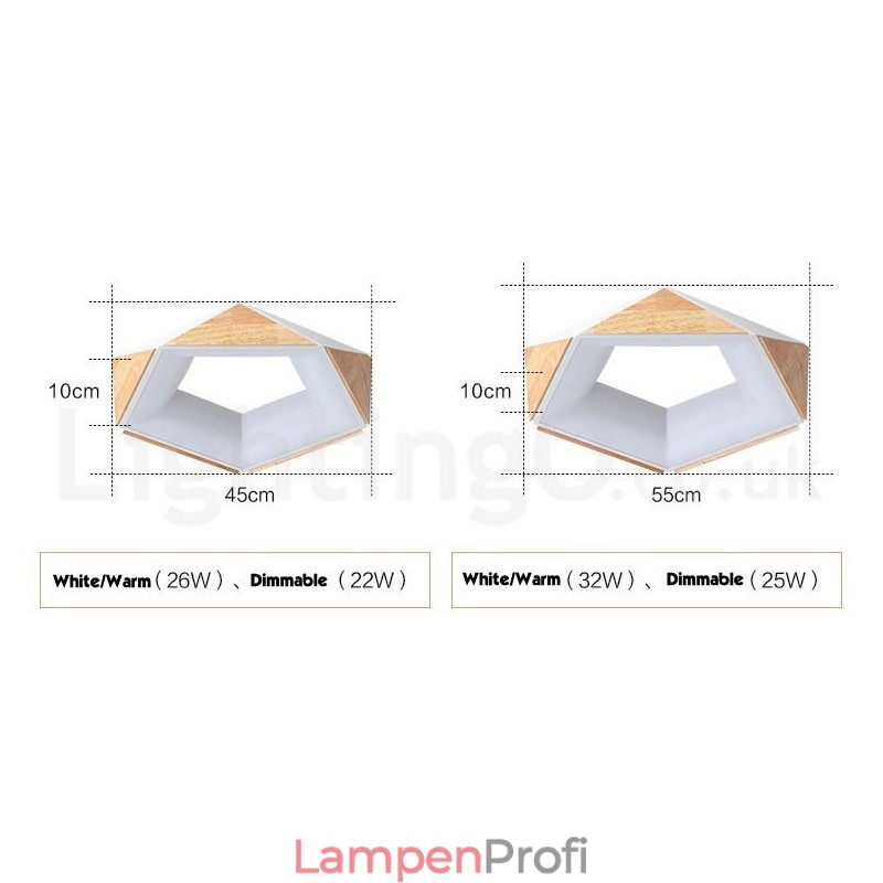 Dimmbare mehrfarbige Deckenleuchte aus fünfeckigem Holz mit Acrylschirm, Deckenlampe im nordischen Stil