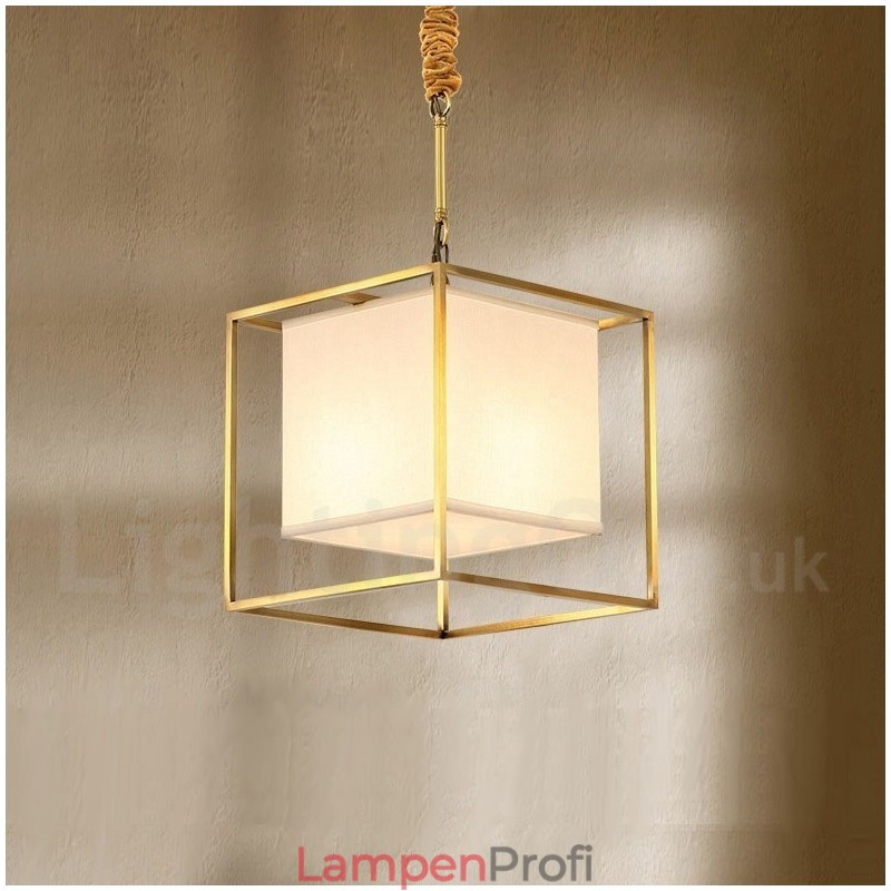 Hängeleuchte aus reinem Messing, schlicht, rustikal, Retro, Vintage, Messing, mit Stoffschirm