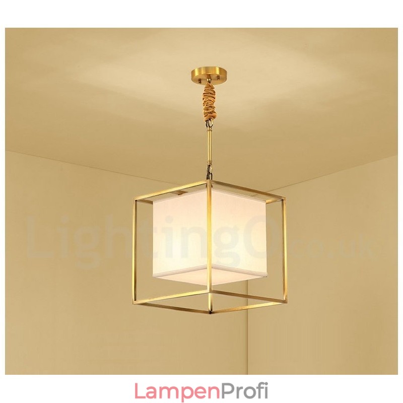 Hängeleuchte aus reinem Messing, schlicht, rustikal, Retro, Vintage, Messing, mit Stoffschirm