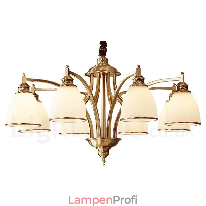 Großer luxuriöser rustikaler Retro-Vintage-Kronleuchter aus reinem Messing mit Glasschirmen