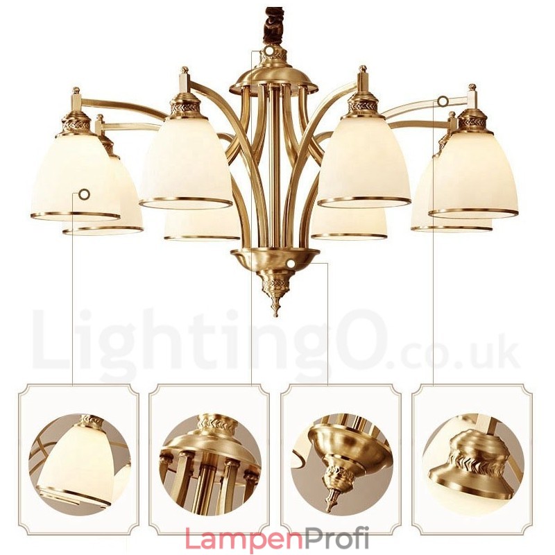 Großer luxuriöser rustikaler Retro-Vintage-Kronleuchter aus reinem Messing mit Glasschirmen
