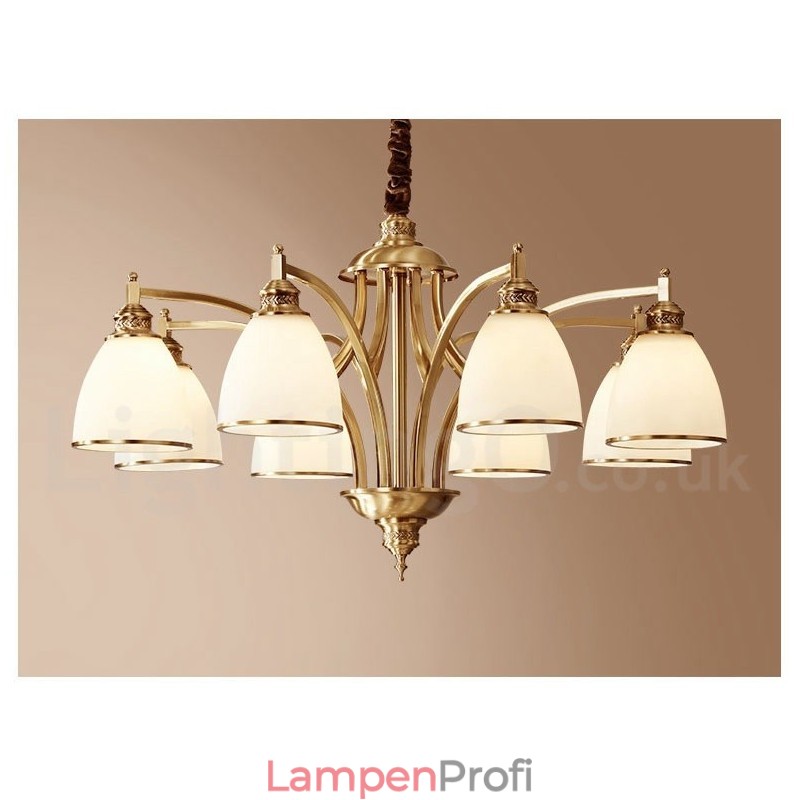 Großer luxuriöser rustikaler Retro-Vintage-Kronleuchter aus reinem Messing mit Glasschirmen