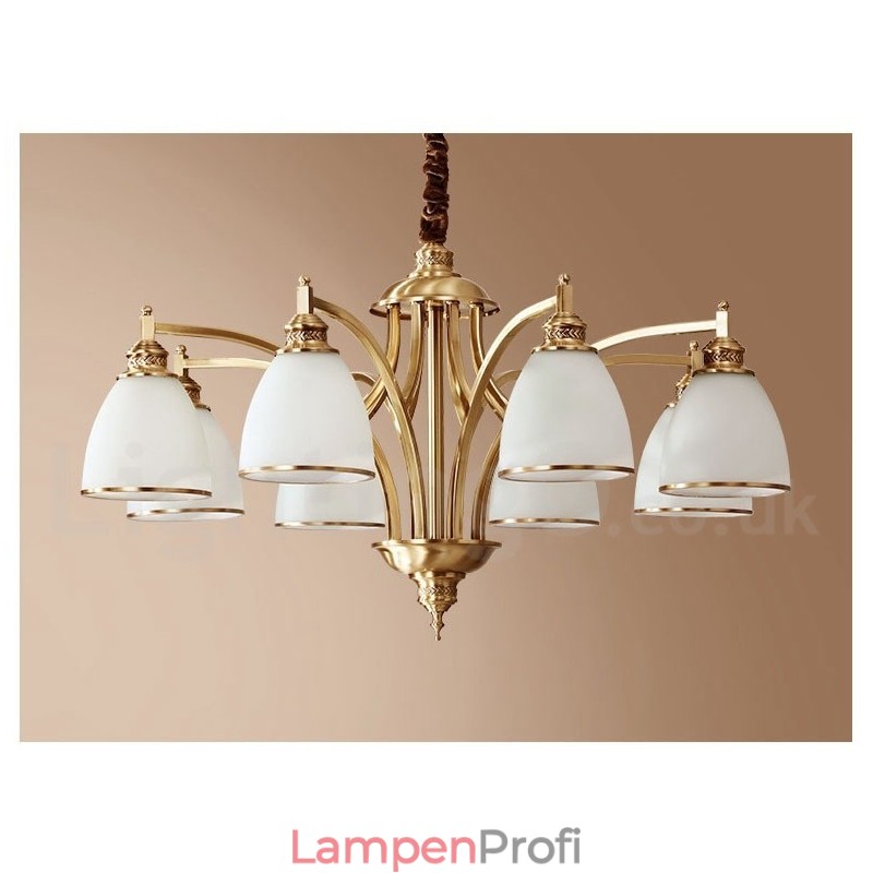 Großer luxuriöser rustikaler Retro-Vintage-Kronleuchter aus reinem Messing mit Glasschirmen