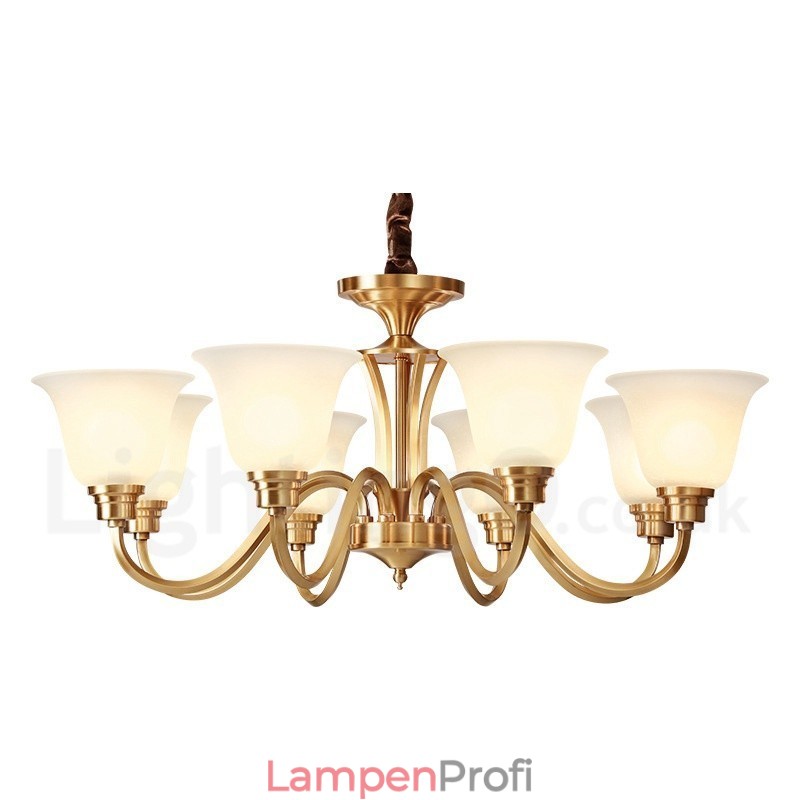 Großer luxuriöser rustikaler Retro-Vintage-Kronleuchter aus reinem Messing mit Glasschirmen