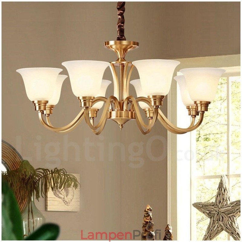 Großer luxuriöser rustikaler Retro-Vintage-Kronleuchter aus reinem Messing mit Glasschirmen