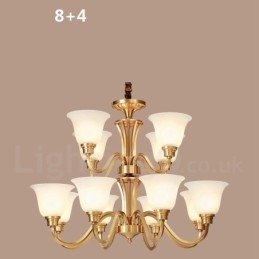 Großer luxuriöser rustikaler Retro-Vintage-Kronleuchter aus reinem Messing mit Glasschirmen