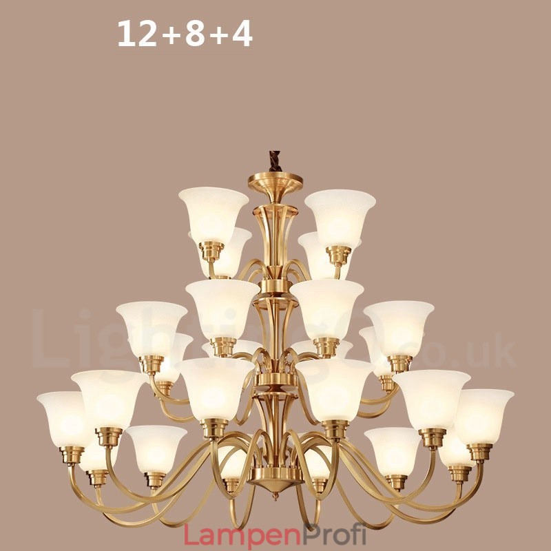 Großer luxuriöser rustikaler Retro-Vintage-Kronleuchter aus reinem Messing mit Glasschirmen