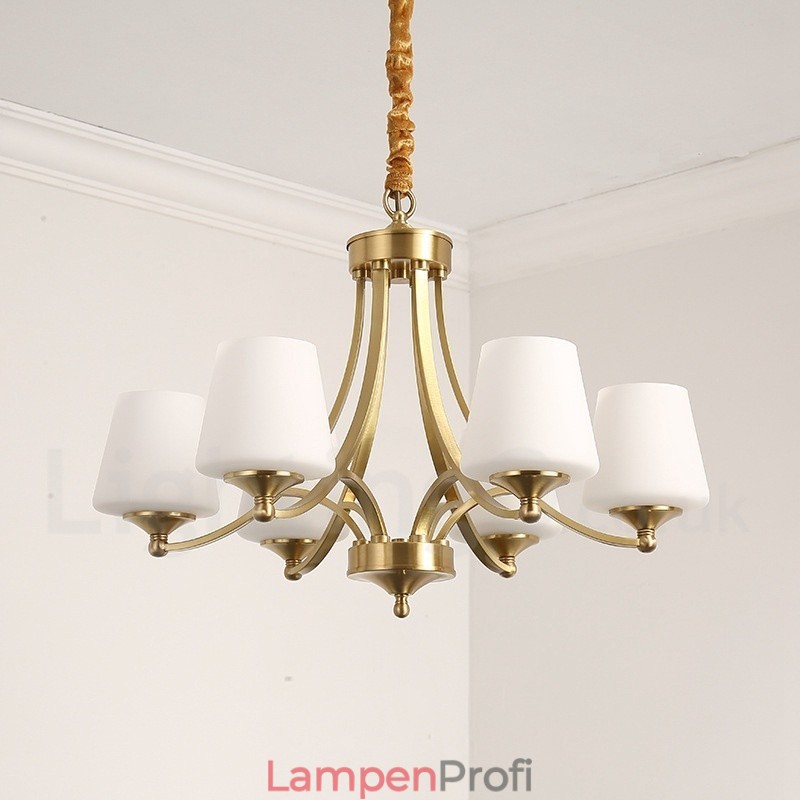 Großer luxuriöser rustikaler Retro-Vintage-Kronleuchter aus reinem Messing mit Glasschirmen