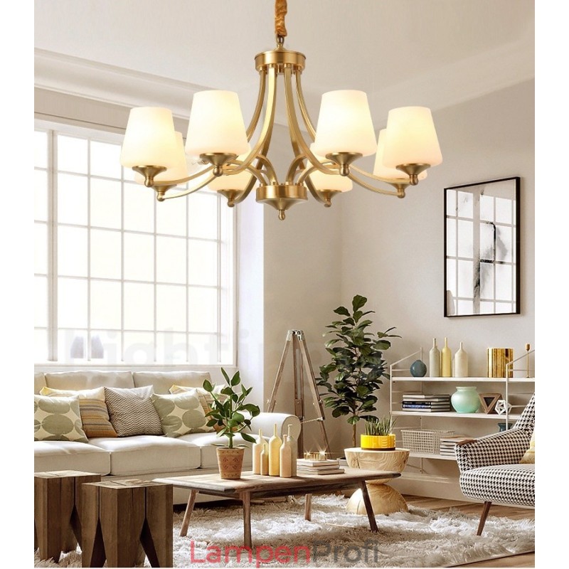 Großer luxuriöser rustikaler Retro-Vintage-Kronleuchter aus reinem Messing mit Glasschirmen
