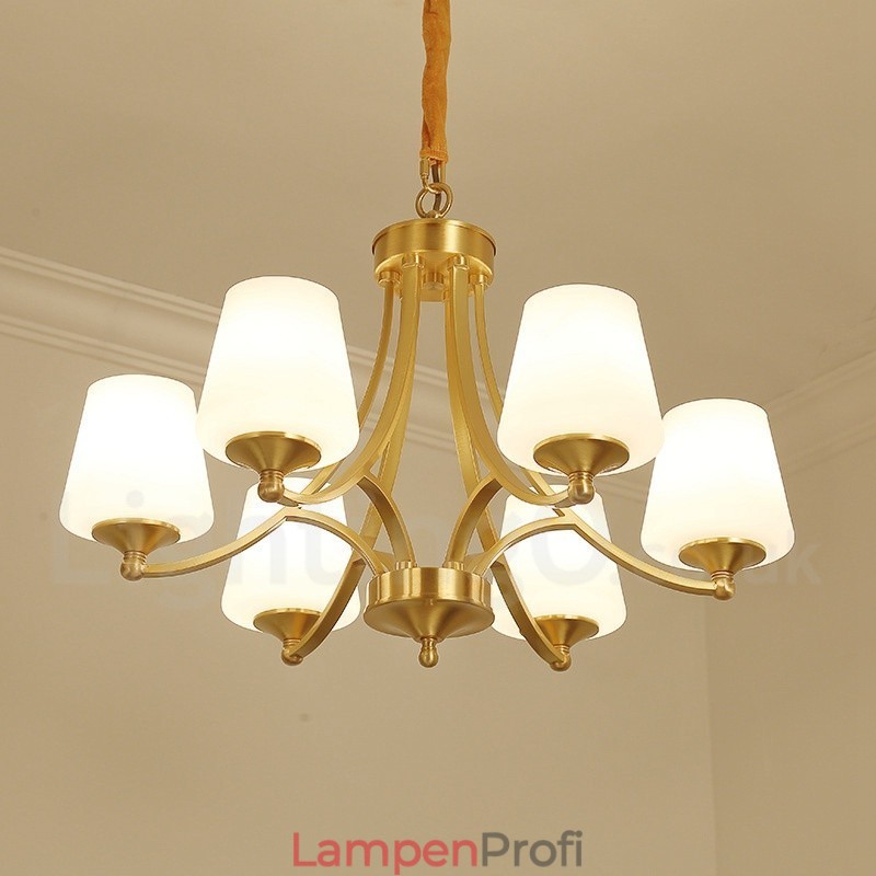 Großer luxuriöser rustikaler Retro-Vintage-Kronleuchter aus reinem Messing mit Glasschirmen