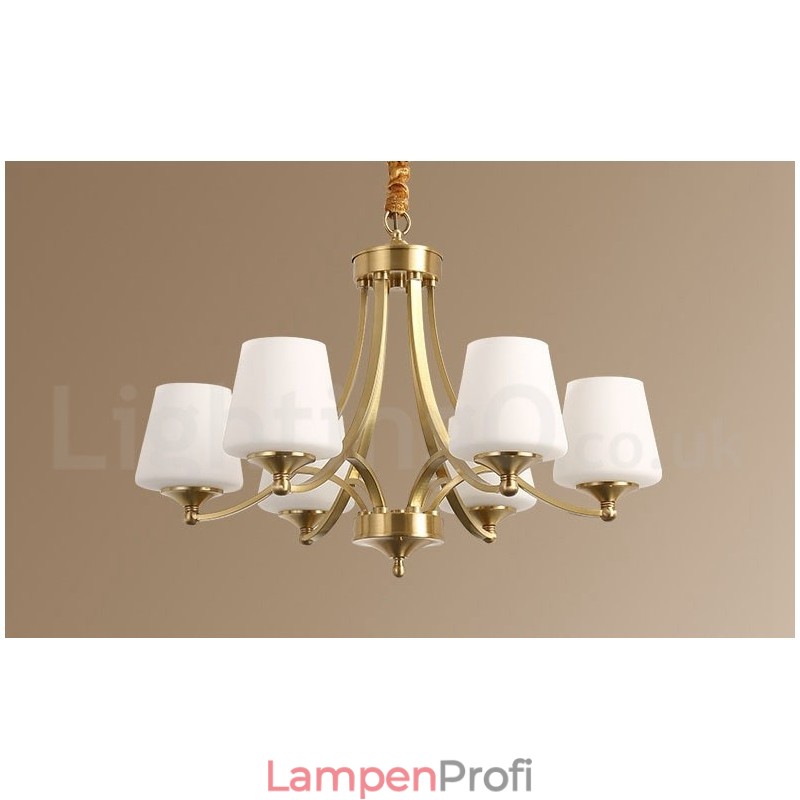 Großer luxuriöser rustikaler Retro-Vintage-Kronleuchter aus reinem Messing mit Glasschirmen