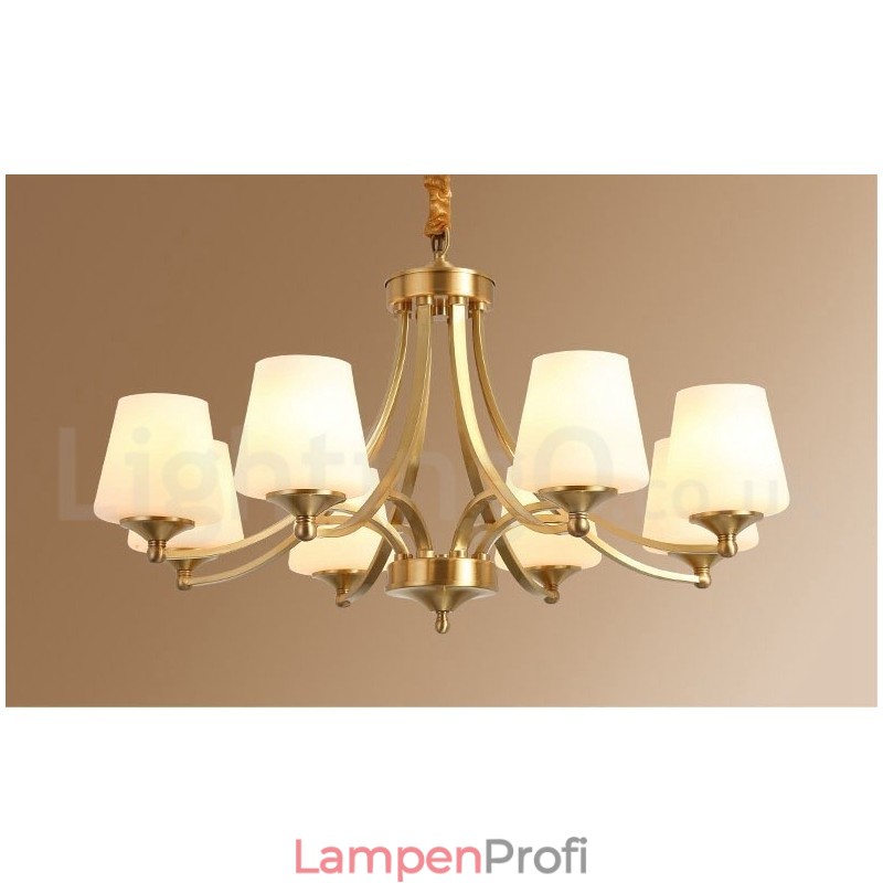 Großer luxuriöser rustikaler Retro-Vintage-Kronleuchter aus reinem Messing mit Glasschirmen