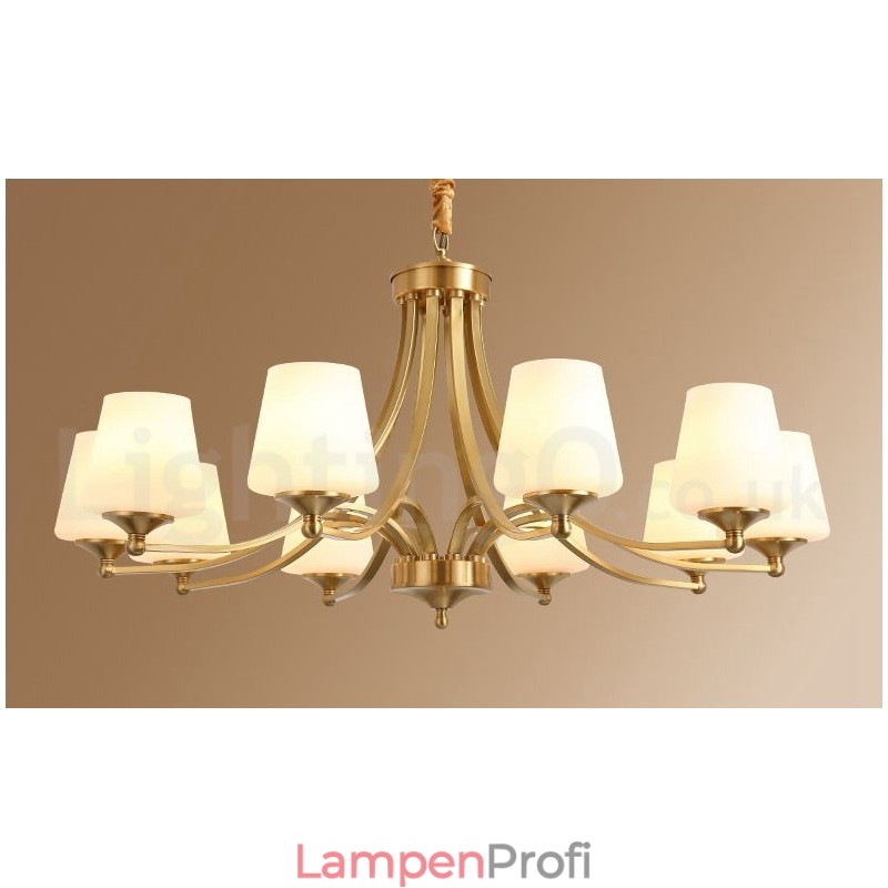 Großer luxuriöser rustikaler Retro-Vintage-Kronleuchter aus reinem Messing mit Glasschirmen