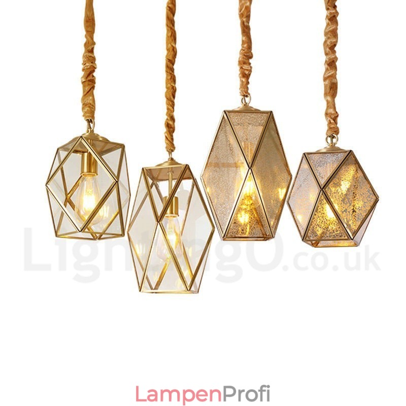 Hängeleuchte im rustikalen Lodge-Stil aus reinem Messing mit Glasschirm