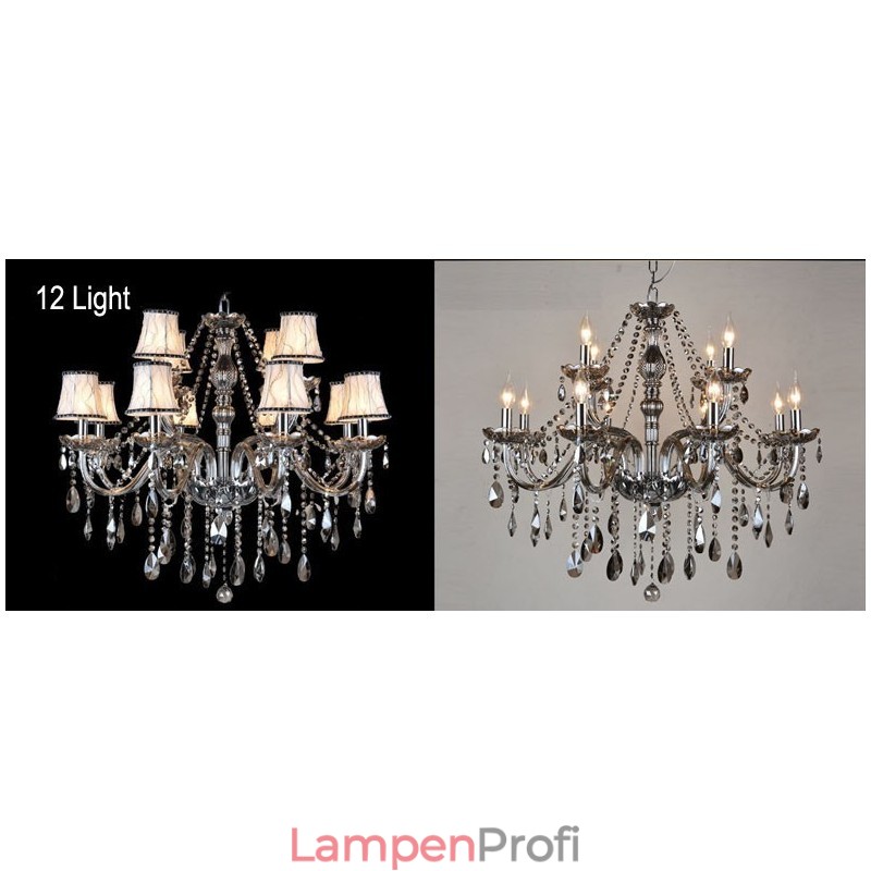 Großer Kronleuchter aus K9-Kristall in grauer Kerze mit Schirmen