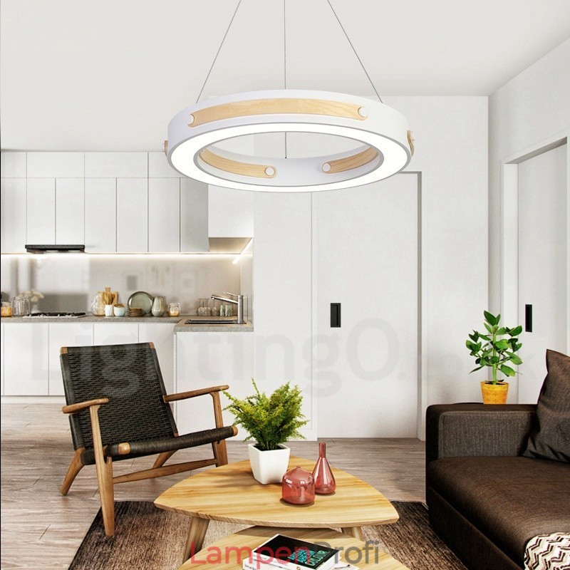 Moderne Pendelleuchte mit Acrylschirm, Ring in mehreren Holzfarben