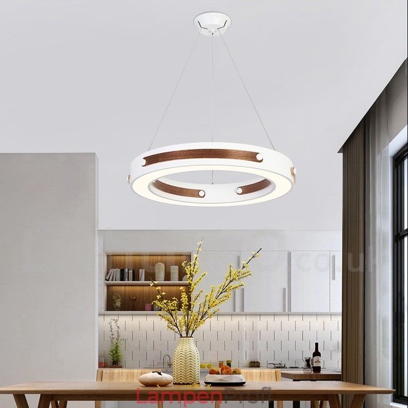 Moderne Pendelleuchte mit Acrylschirm, Ring in mehreren Holzfarben