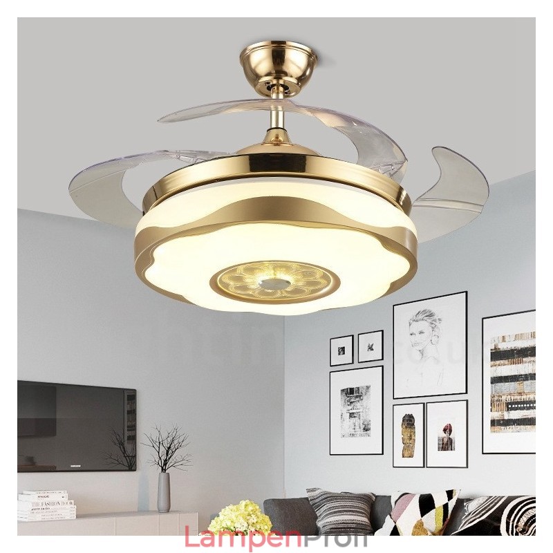 108 cm (42 Zoll) 91 cm (36 Zoll) Moderner zeitgenössischer Deckenventilator mit Fernbedienung, goldfarben, mit Acrylschirm, stummgeschaltetem Motor aus reinem Kupfer