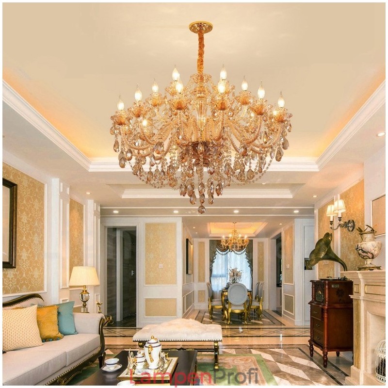 18 (12+6) Lichter Bernstein Gold Eleganter Kristall Kerzenleuchter