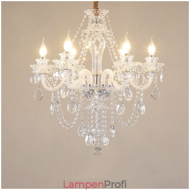 Kronleuchter mit 6 Kerzen und klarem Kristall, spezielles Design mit weißen Armen