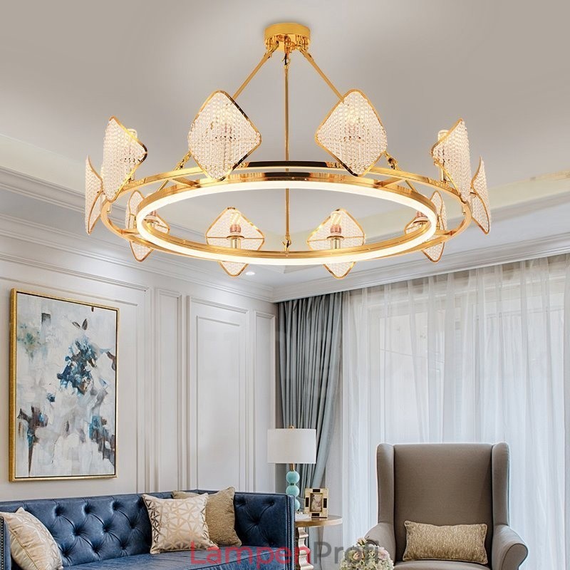 Gold Postmodern Luxus Runde K9 Kristall Pendelleuchte Kronleuchter Licht mit Acryl Schatten Ausstellungshalle
