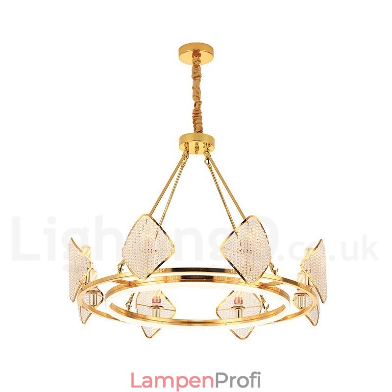 Gold Postmodern Luxus Runde K9 Kristall Pendelleuchte Kronleuchter Licht mit Acryl Schatten Ausstellungshalle