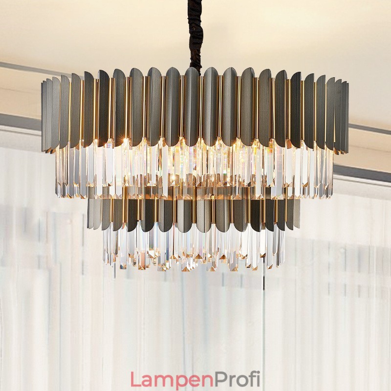 Zweistufiger luxuriöser postmoderner runder schwarzer und goldener K9-Kristall-Pendelleuchter