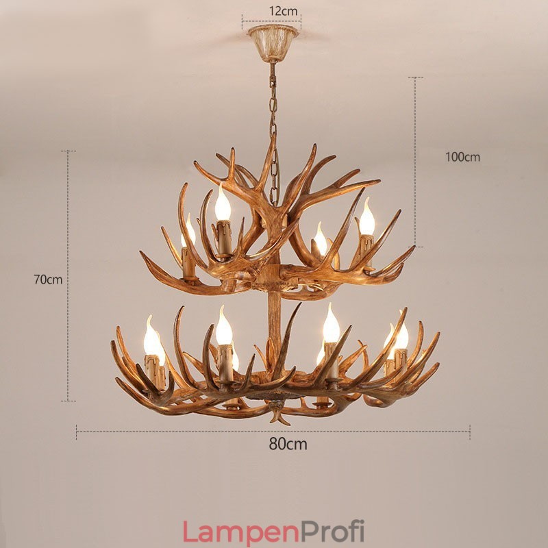 12 (8 + 4) Licht 2 Ebenen Rustikaler künstlerischer Retro-Kronleuchter mit Geweih
