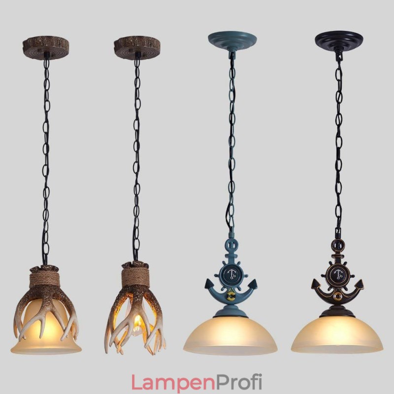 One Light Hängeleuchte, schwarz, rustikal, künstlerisch, Retro, Antik, mit Glasschirm