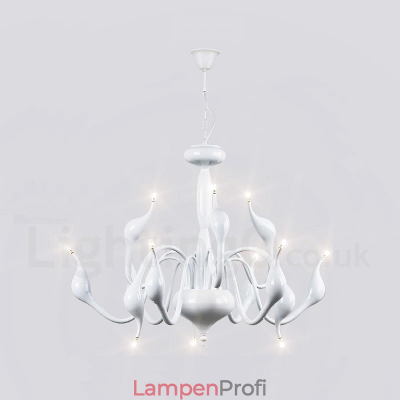12-flammige moderne Pendelleuchte aus weißem Metall im Schwanenstil