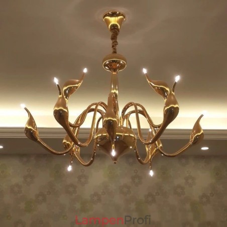 12-flammige moderne Pendelleuchte aus goldfarbenem Metall im Schwanenstil
