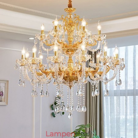 Luxuriöser Kronleuchter mit 18 Lichtern und zwei Ebenen, goldfarben, Kristall Luxuriöser Kronleuchter mit 18 Lichtern und zwei Ebenen, goldfarben, Kristall