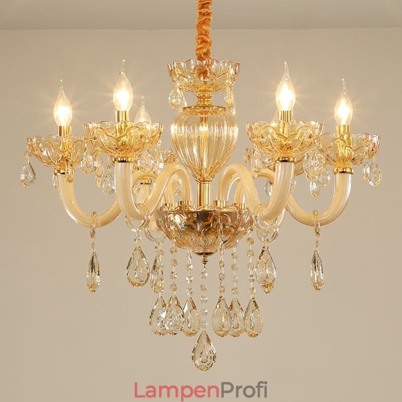 Wunderschöner Kristall-Kronleuchter, europäische Cognac-Farbe, Deckenleuchte, Glaskörper, 8 Lichter