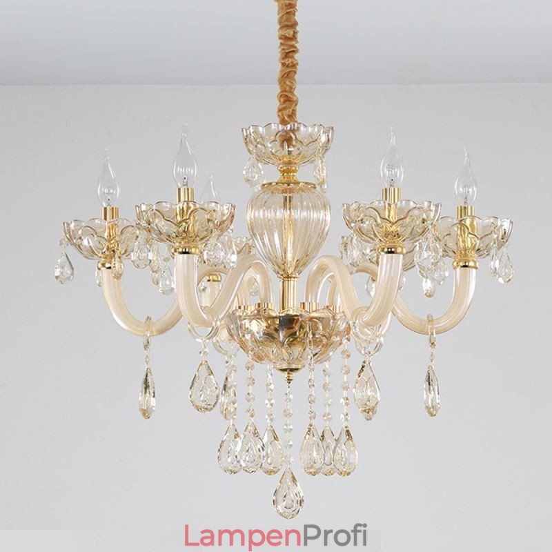 Wunderschöner Kristall-Kronleuchter, europäische Cognac-Farbe, Deckenleuchte, Glaskörper, 8 Lichter