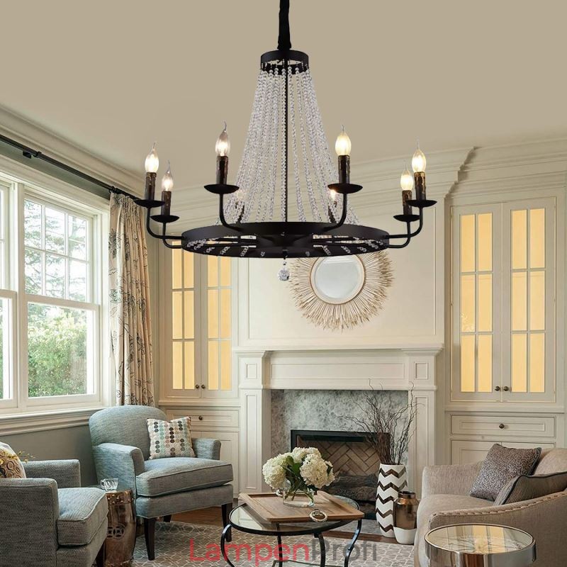 Vintage Kristall Pendelleuchte Schwarzer Eisen Kerzenleuchter